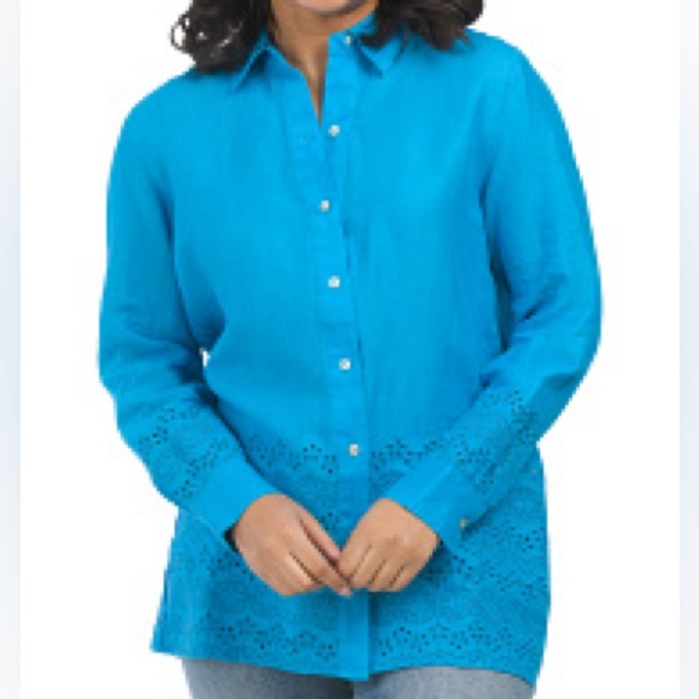 NWT Elie Tahari 100% linen Button Collared Shirt w/Eyelet Detail bottom/sleeves